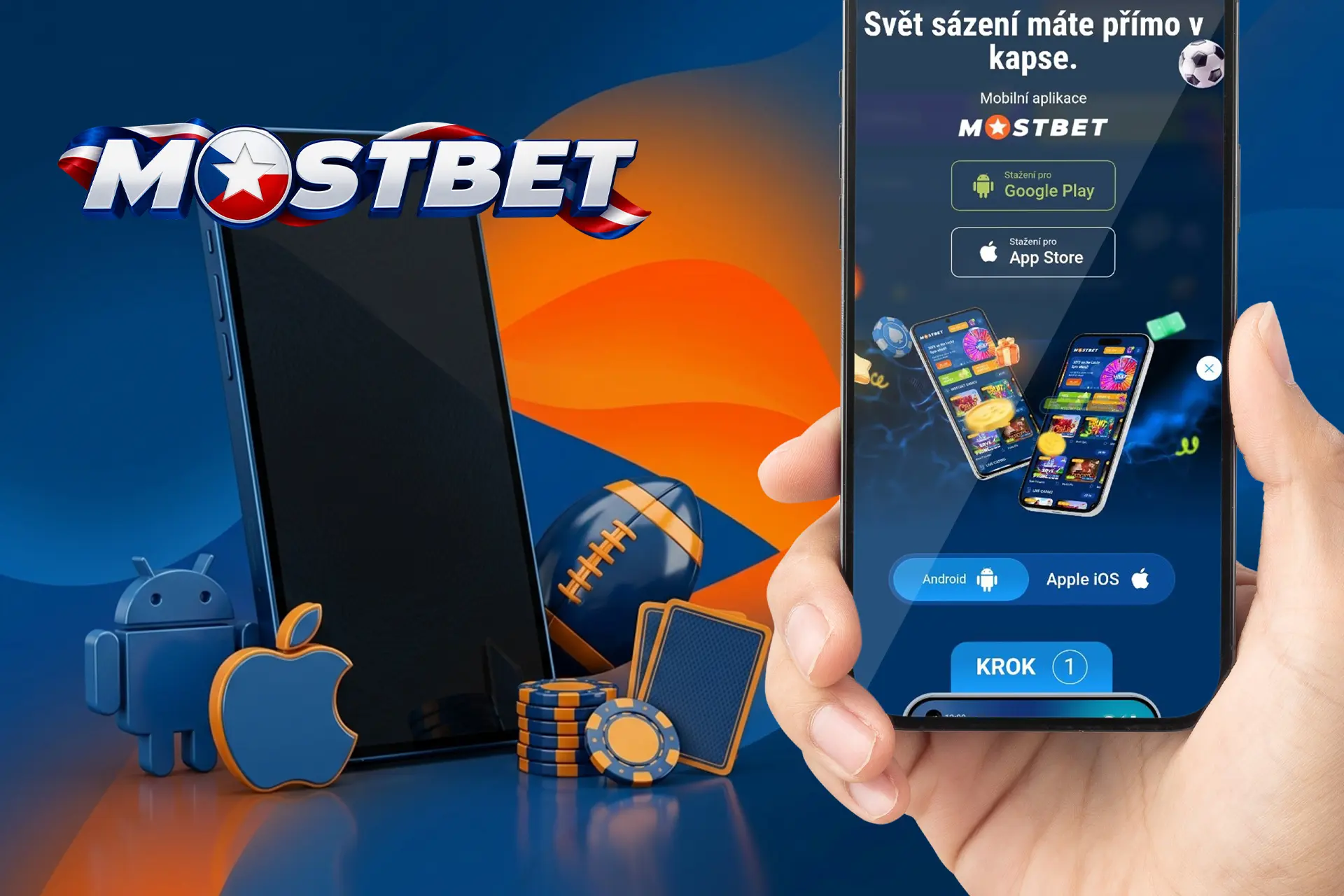 Pohodlné sázení a hraní v mobilní aplikaci pro Android a iOS, zvýrazněno ikonami operačních systémů a modrým smartphonem