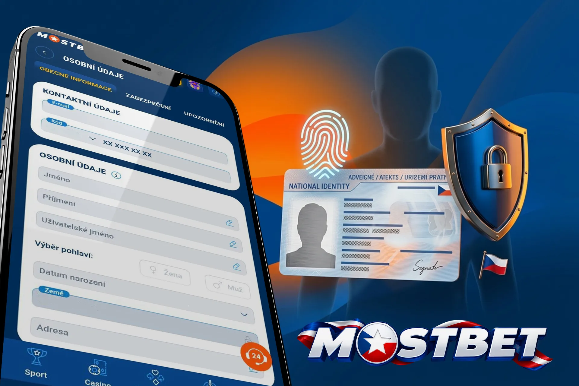 Důležitý proces KYC a ověření totožnosti na Mostbet pro bezpečné hraní, se štítem, otiskem prstu a českým průkazem totožnosti
